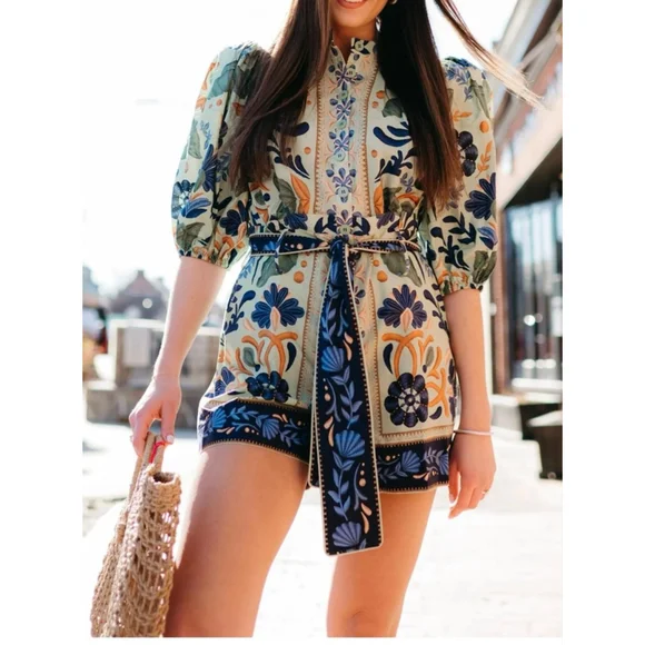 Women's FARM Rio Green Blue Floral Romper XL - Picture 5 of 7